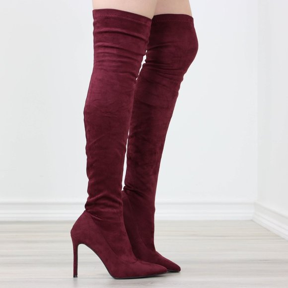Wine Women's Thigh High Boots Faux Suede Pointed Toe Stilettos - Picture 10 of 15